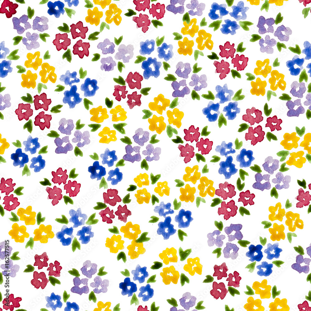 Calico watercolor pattern. Stunning seamless cute small flowers for fabric design. Calico pattern in country stile. Trendy handpainted millefleurs.