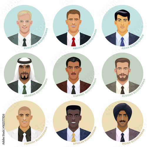Vector set of international businessman faces. Attractive male avatars of various nations in the round frames. European, American, Asian, Arabian, Hispanic, African and Indian types.
