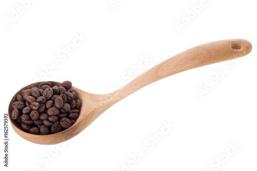 roasted black coffee beans in wooden spoon isolated on a white background