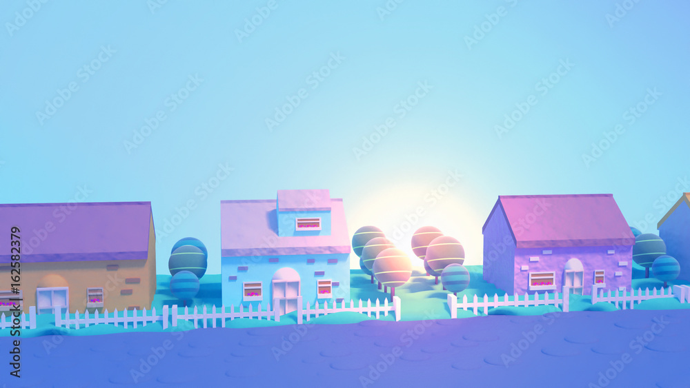 Cartoon houses at dawn when the sun just about to rise. Cute neighborhood. 3d render picture.