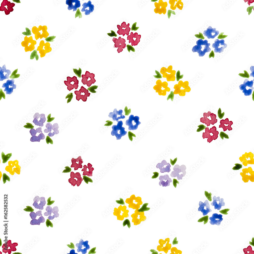 Calico watercolor pattern. Pleasing seamless cute small flowers for fabric design. Calico pattern in country stile. Trendy handpainted millefleurs.