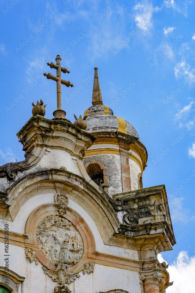 Tower and facade of the ancient church of St. Francis of Assisi built in the year 1771 in Baroque style in the city of Ouro Preto in Minas Gerais
