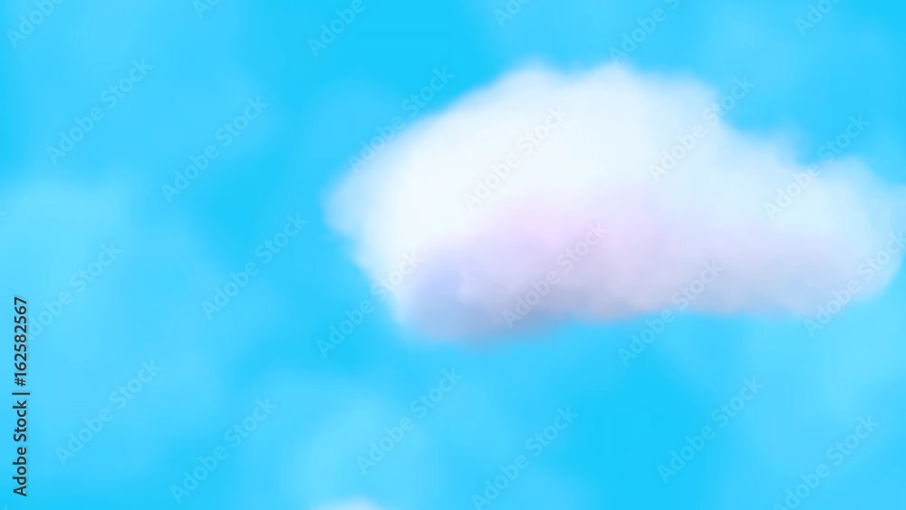 Looped motion graphics of cartoon style white fluffy clouds in the sky. Camera moving up and passing through the atmosphere. Beautiful blue sky animation.