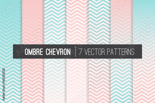 Blush Pink and Soft Aqua Ombre Chevron Vector Patterns. Girly Gradient Fade Zigzag Stripes Texture Blending into Solid Color. Horizontally Seamlessly Repeating Pattern Tile Swatches Included.