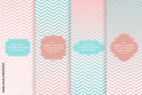 Blush Pink and Soft Aqua Ombre Chevron Vector Patterns with Curly Label Frames. Copy Space for Text. Templates for Packaging, Cover or Gift Wrap. Horizontally Seamlessly Repeating Pattern Tiles.