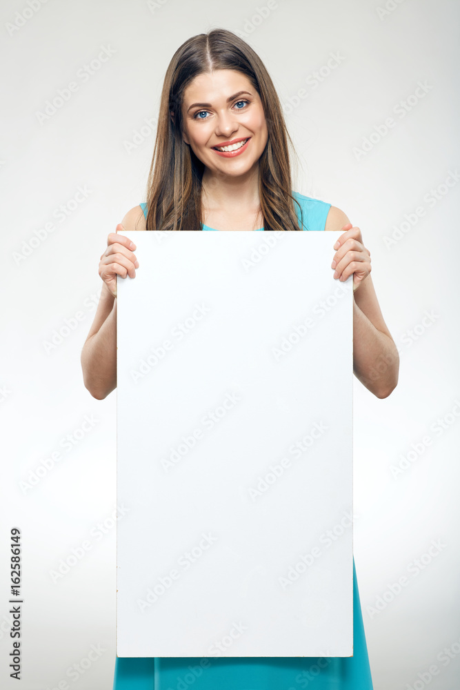 Smiling girl wering blue dress holding banner. Smiling girl wering blue dress holding banner.