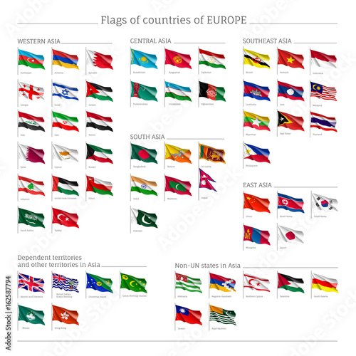 Big set of flags of Europe, official symbol of countries, full collection of political and government elements, isolated on white background, vector illustration