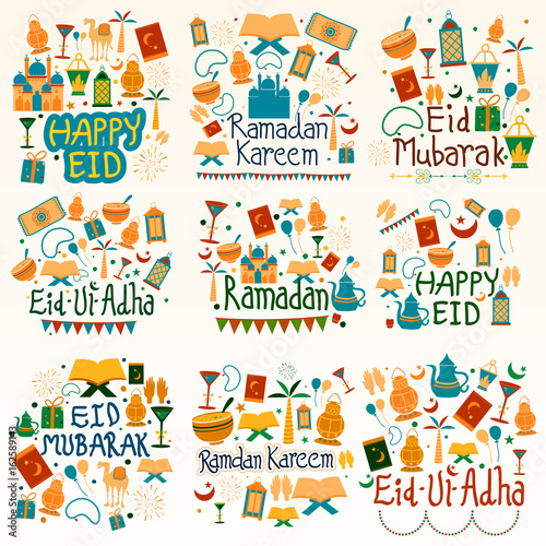 Happy Eid and Ramadan Kareem Holiday and Festival wishing and greetings