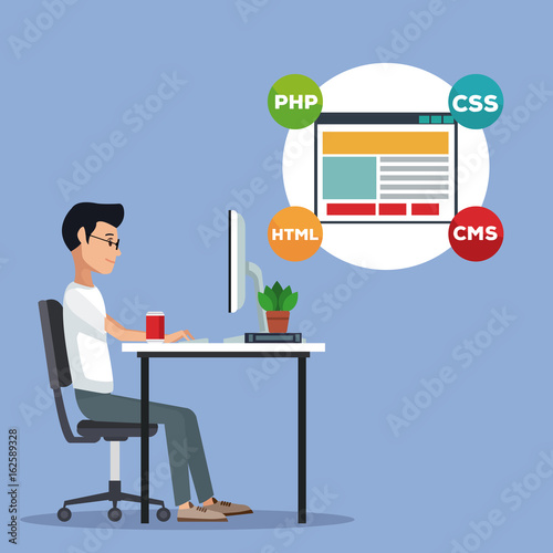 color scene background side view web developer man in desk programming language around window pc