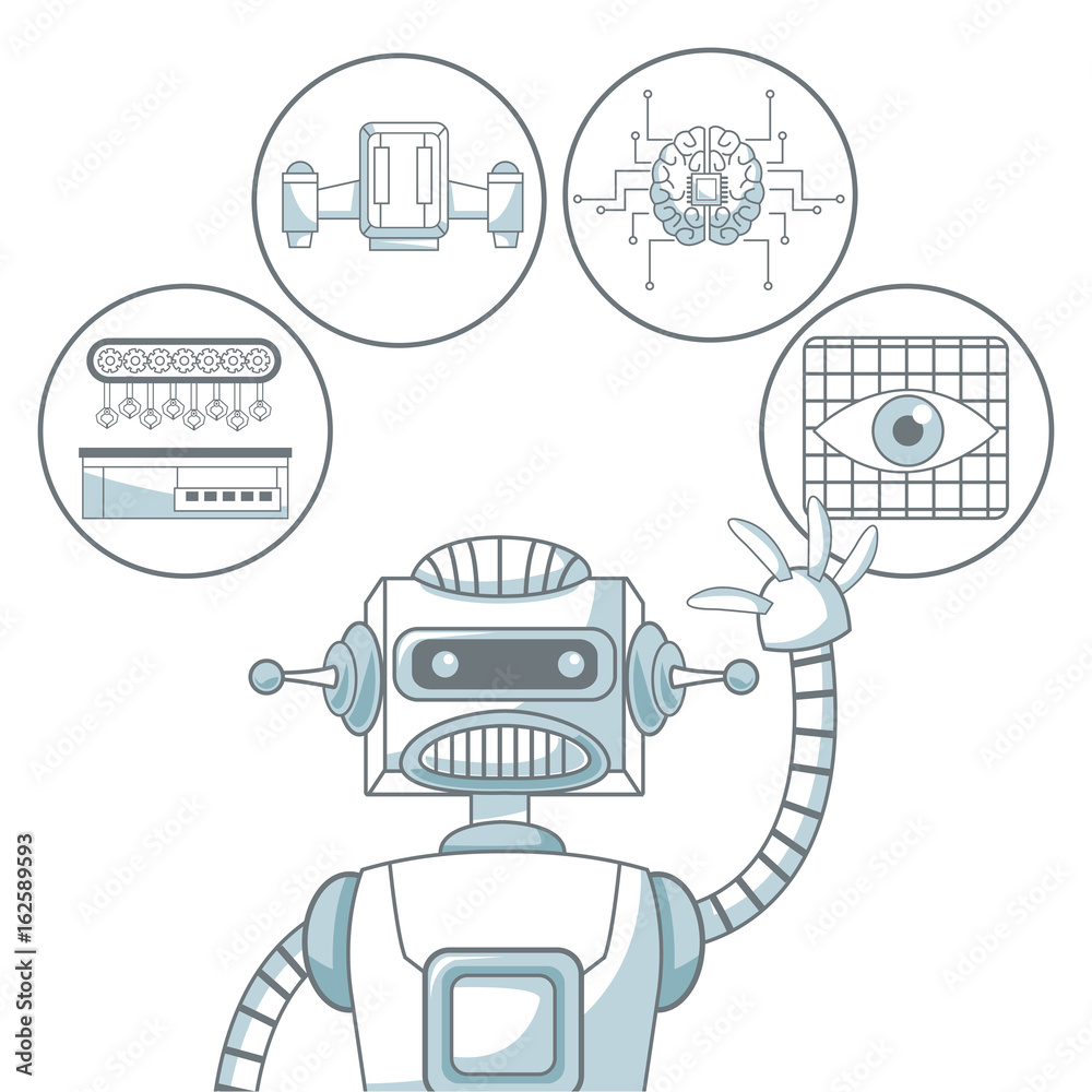 Naklejka premium white background with silhouette color sections shading of robot and elements futuristic