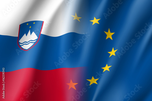 Symbol of Slovenia is EU member. European Union sign with twelve gold stars on blue and Slovenia national flag. Vector isolated icon