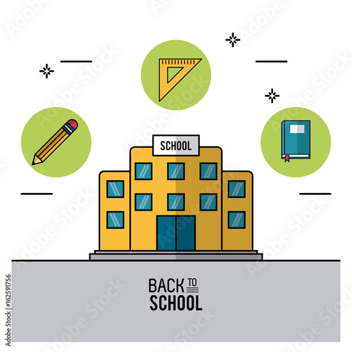 color poster of back to school with school bulding in closeup and pencil and ruler squad and book on top in round frames