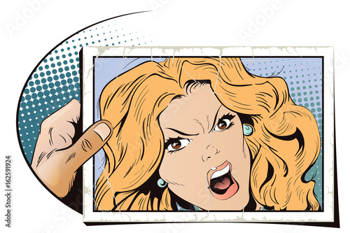 Young beautiful woman screams in fury. Stock illustration.