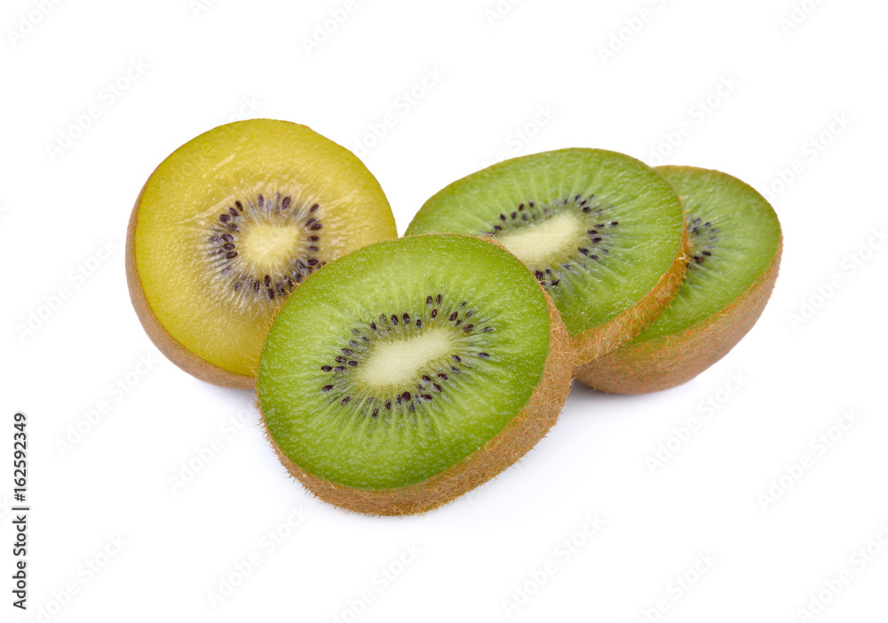 sliced ripe green and golden kiwi on white background sliced ripe green and golden kiwi on white background