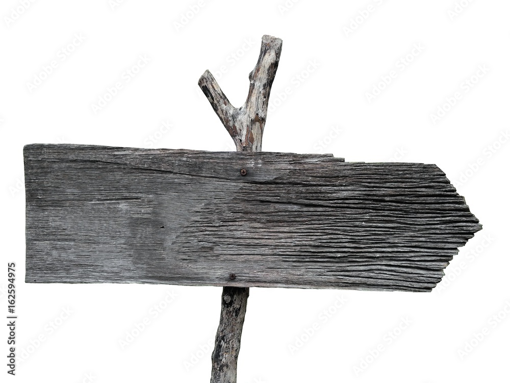 Old wooden arrows road sign isolated on white Stock Photo by