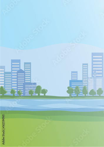 Big city with skyscrapers on the horizon and the river. Cityscape vector illustration.