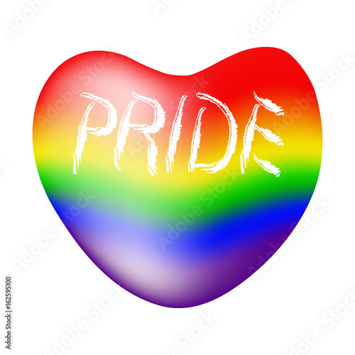 Colored rainbow heart and handwritten text Pride.  Original symbol for gay parade. Vector design.