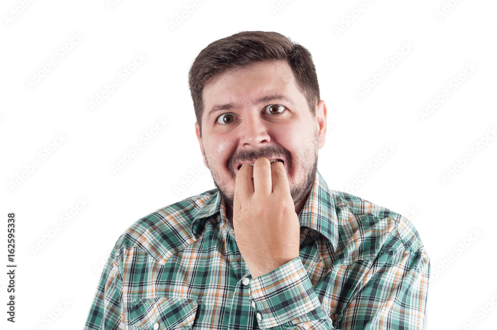 30 years old office manager man feel Fear and eat his nail. 30 years old office manager man feel Fear and eat his nail.