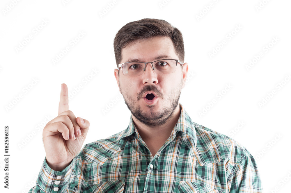 30 years old man move up finger with Idea in his Head.