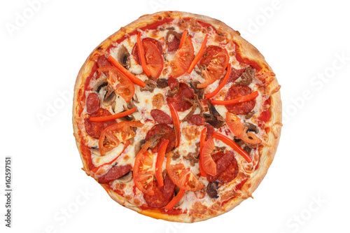 Italian pizza with tomatoes on white background.