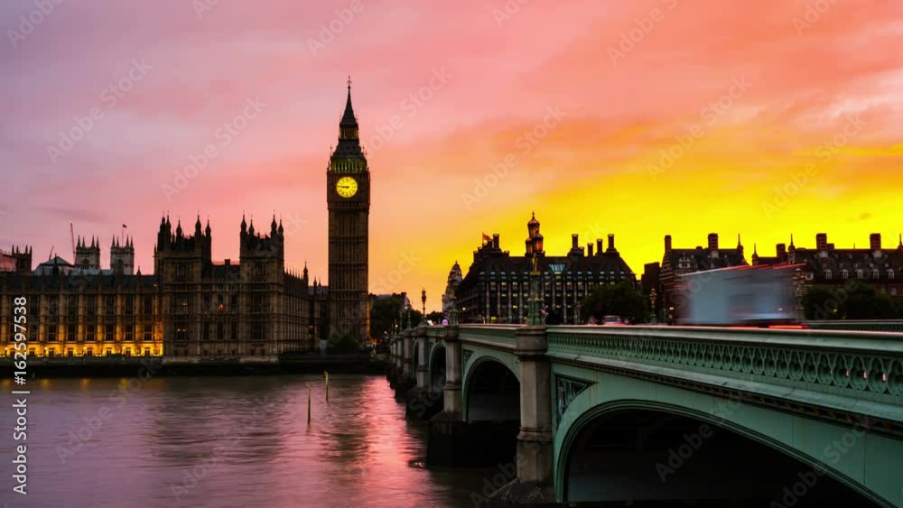 London, UK. Sunset over the city of London, UK. Colorful sky behind Westminster and Big Ben. Westminster bridge at night. Time-lapse at sunset London, UK. Sunset over the city of London, UK. Colorful sky behind Westminster and Big Ben. Westminster bridge at night. Time-lapse at sunset