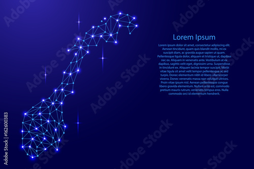 Norway map of polygonal mosaic lines network, rays and space stars of vector illustration.