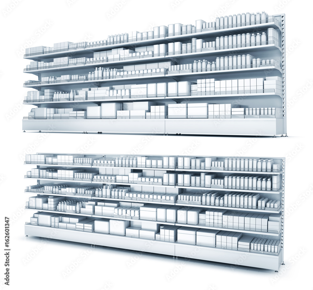 Store shelves with goods. 3d illustration isolated on white.