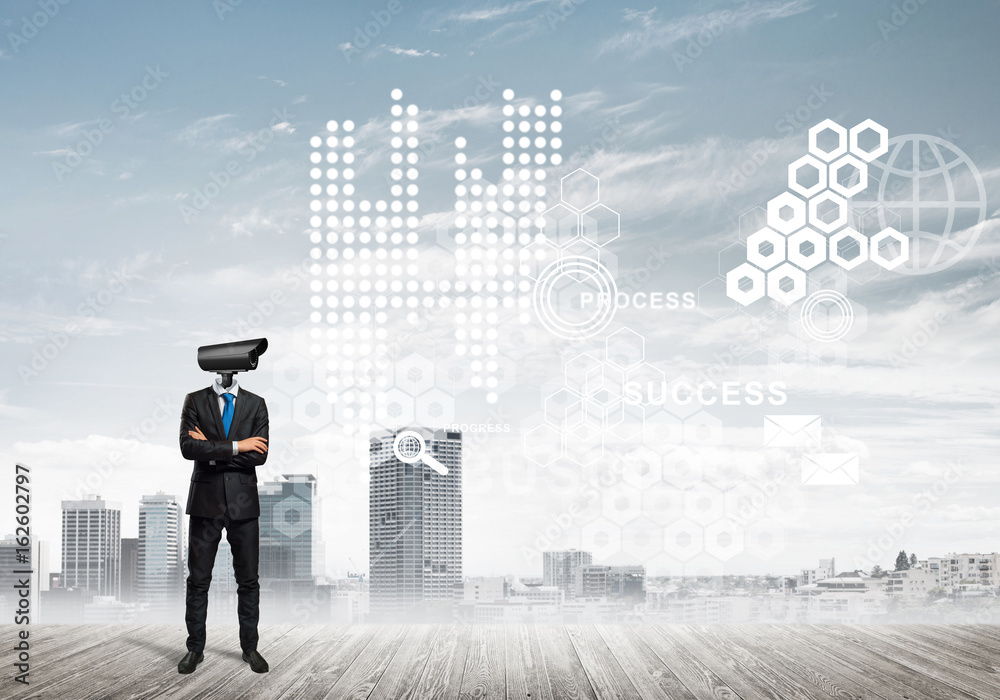 Concept of security and privacy protection with camera headed man Concept of security and privacy protection with camera headed man