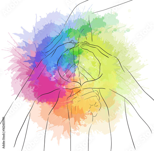 Contour illustration of human hands and sign of peace with rainbow watercolor spray. Gesture. Unity. Vector illustration for your creativity