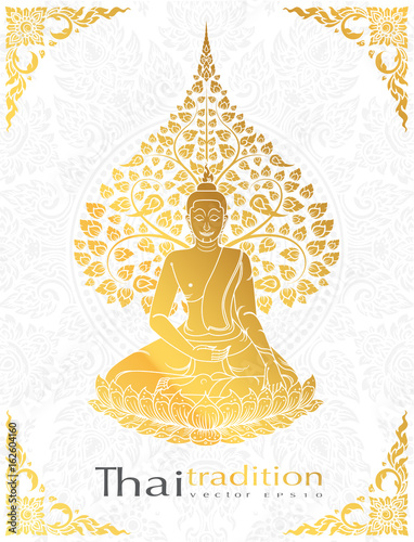 Buddha and Bodhi tree gold color of thai tradition,greeting card