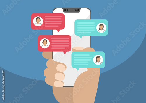 Hand holding modern bezel free / frameless smartphone with chat message notifications. Illustration of chatting speech bubbles as concept of chat, conversation, online dialog.