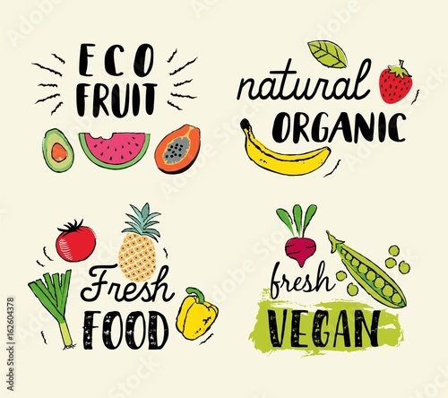  Healthy food hand drawn illustrations and elements for fresh market, eco food, vegan menu, natural products