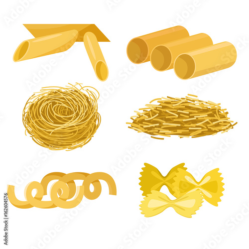 Different types of pasta whole wheat corn rice noodles organic food macaroni yellow nutrition dinner products vector illustration