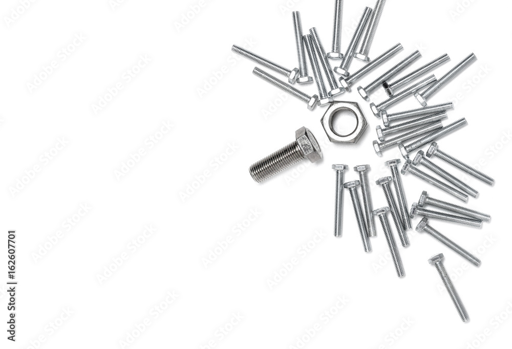 job finder concept, find the right man for the right job concept ,different size bolts and a nut on white background, flat top view job finder concept, find the right man for the right job concept ,different size bolts and a nut on white background, flat top view