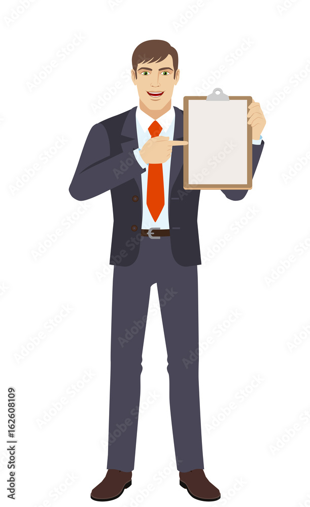 Businessman pointing at a clipboard