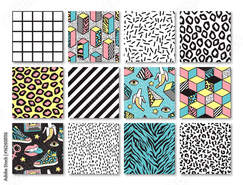 Set of seamless patterns in 80s-90s memphis style.