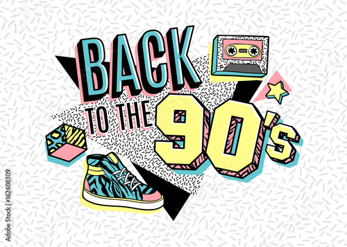 Poster in 80s-90s memphis style.