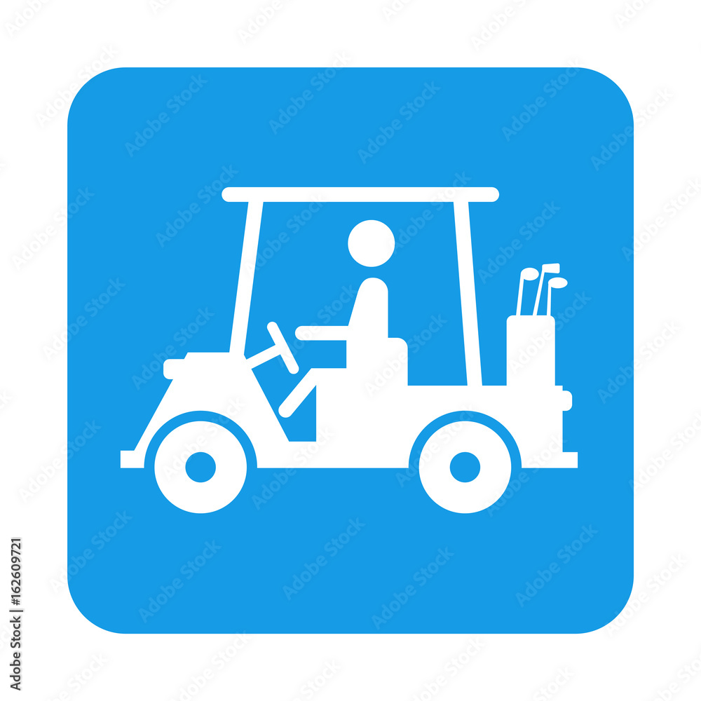 Icono plano carrito de golf en cuadrado azul Icono plano carrito de golf en cuadrado azul