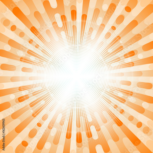 Orange bright pop art retro background with exploding rays vintage dots style. Vector illustration.