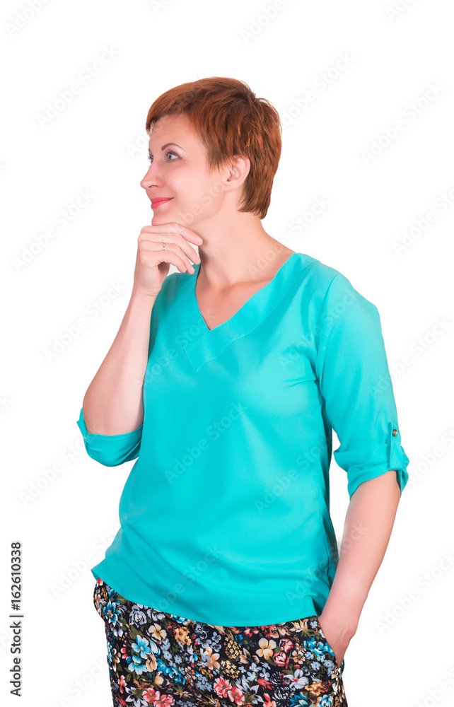 Pretty red-hair smiling pensive woman, isolated on white background Pretty red-hair smiling pensive woman, isolated on white background
