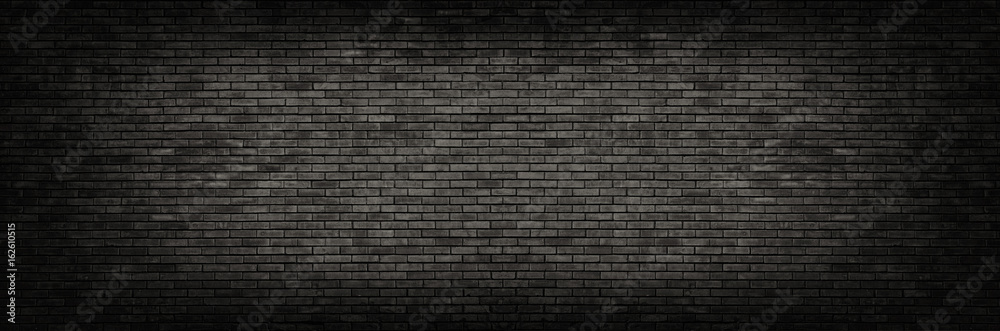 Black brick wall panoramic background. - obrazy, fototapety, plakaty 