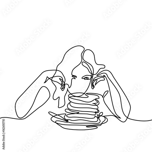 Abstract portrait of Beautiful young woman looking at pancakes on table. Continuous line drawing. Vector illustration on white background