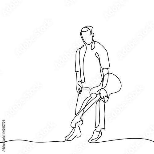 Continuous line drawing of standing guitarist with guitar in hand. Vector illustration on white background