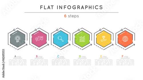 Flat style 6 steps timeline infographic template.