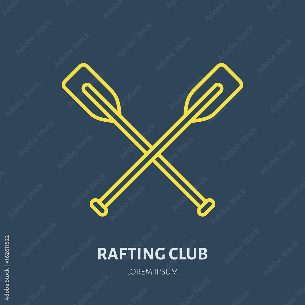 Rafting, kayaking flat line icon. Vector illustration of water sport - raft paddles. Linear sign, summer recreation pictogram for river paddling gear store. Rafting, kayaking flat line icon. Vector illustration of water sport - raft paddles. Linear sign, summer recreation pictogram for river paddling gear store.