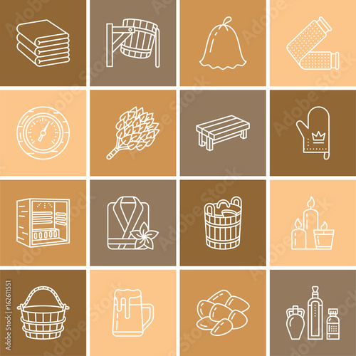 Sauna, steam bath line icons. Bathroom equipment birch, oak birch, bucket. Hammam, japanese, finnish, russian, infrared sauna sign. Spa relaxation accessories bathrobe, essential oils thin linear sign