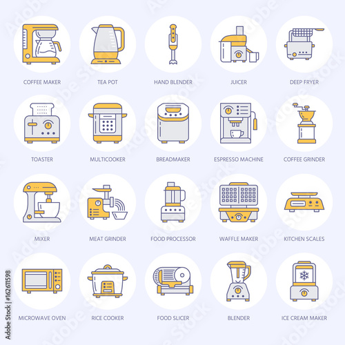 Kitchen small appliances line icons. Household cooking tools signs. Food preparation equipment - blender, coffee machine, microwave, toaster, meat grinder. Thin linear signs for electronics store.