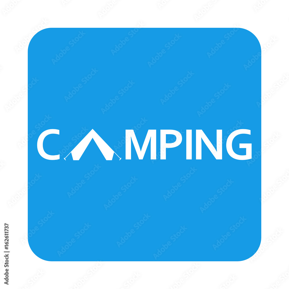 Icono plano texto CAMPING en cuadrado azul Icono plano texto CAMPING en cuadrado azul