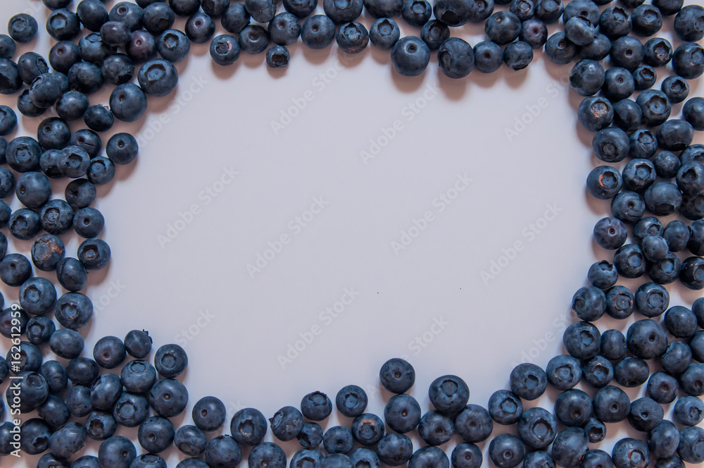 Blueberries isolated on white background. Blueberry border design. Ripe and juicy fresh picked bilberries close up. Copyspace. Top view or flat lay Blueberries isolated on white background. Blueberry border design. Ripe and juicy fresh picked bilberries close up. Copyspace. Top view or flat lay