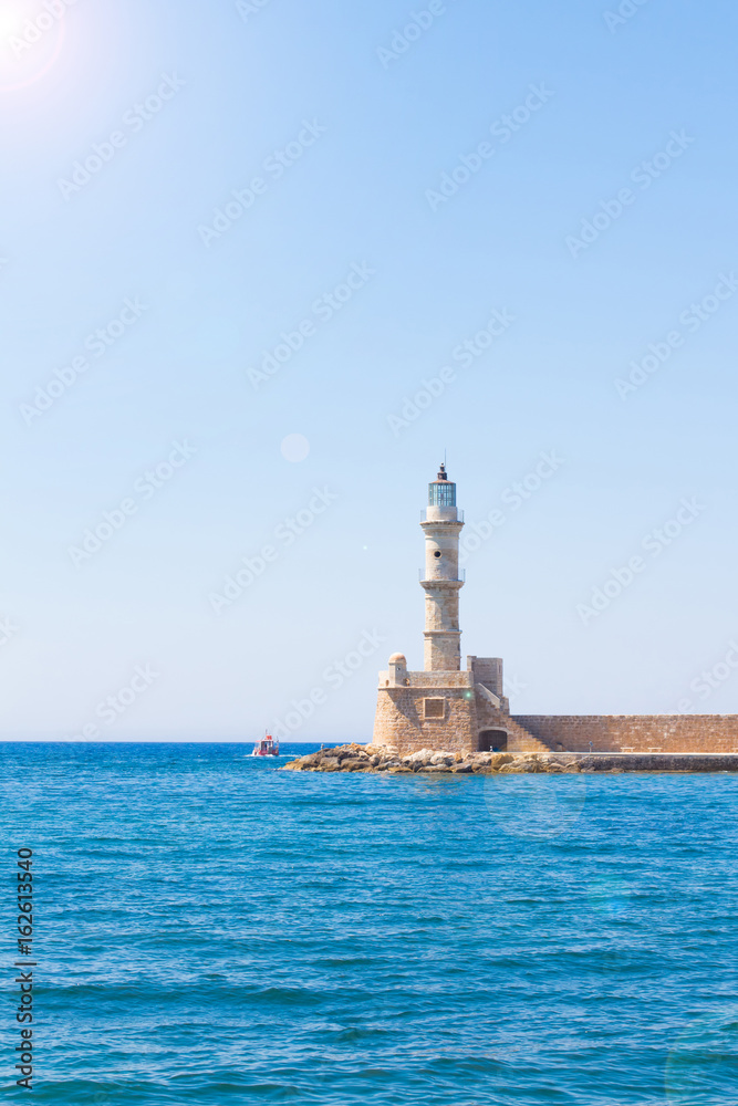 Venetian lighthouse at the harbour entrance, Chania, Crete, Greece, Europe.